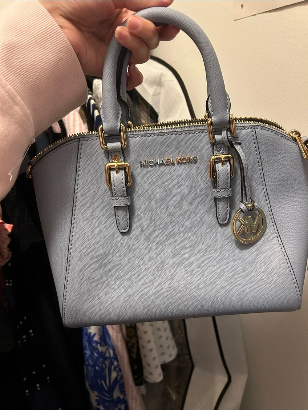 Michael Kors Powder Blue Saffiano Leather Dome Satchel with Gold Hardware